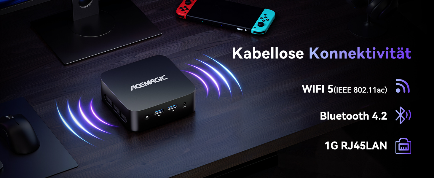 Kompaktes schwarzes drahtloses Konnektivitätsgerät mit WiFi 6- und Bluetooth 4.2-Funktionen und blauer Signalwellengrafik.