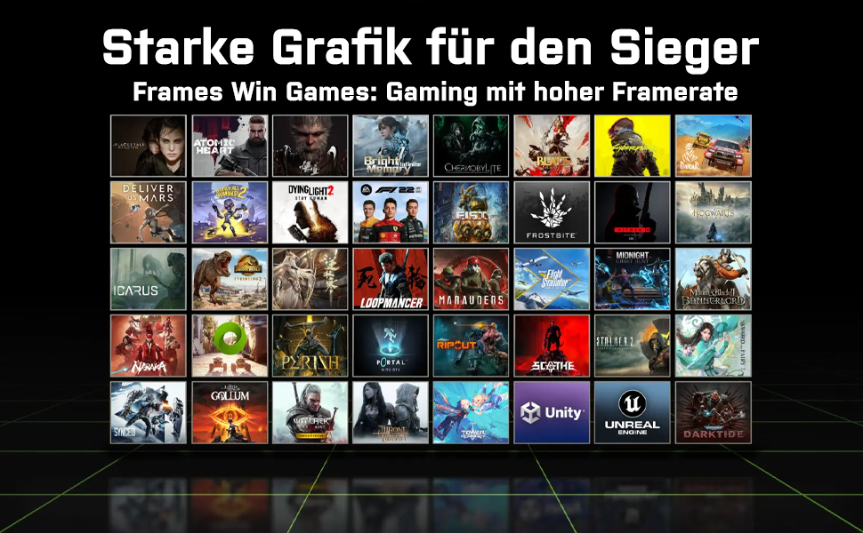 Raster mit Miniaturansichten von Coverbildern für Videospiele. Im Text wird für „Frames Win Games: Gaming mit hoher Framerate“ geworben