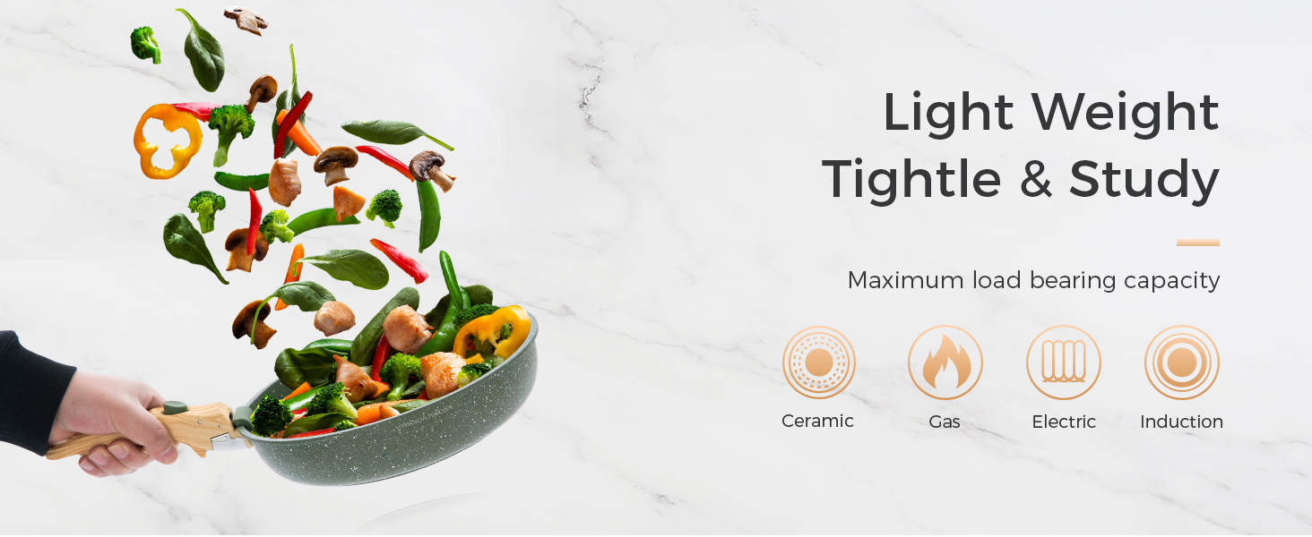 Buntes gemischtes Gemüse, das in einen Wok oder eine Pfanne geworfen wird und frische Zutaten in Bewegung zeigt, während der Text auf die Merkmale „Light Weight“ beim Kochen hinweist