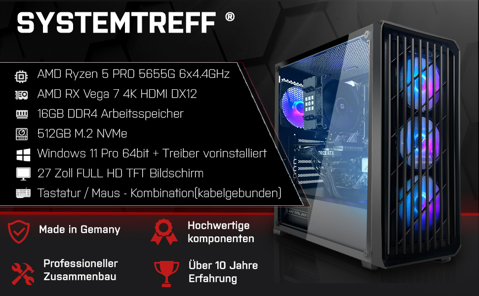 Gaming-PC-Tower-Gehäuse mit RGB-Lüftern, schwarzer Mesh-Frontplatte und transparentem Seitenfenster, in dem die internen Komponenten angezeigt werden.