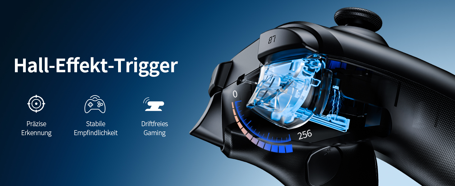 Der Text lautet „Hall-Effekt-Trigger“. Das Detail des Gaming-Controllers zeigt einen blau beleuchteten internen Mechanismus mit technischen Symbolen oben.