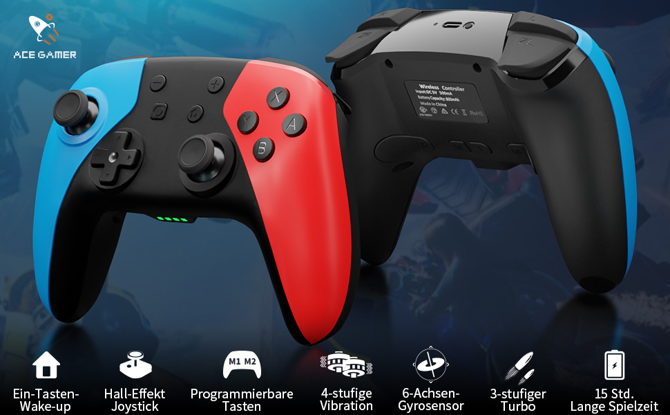 Gaming-Controller mit geteiltem rotem und blauem Design. Mehrere Tasten und Joysticks sichtbar. Der Menübildschirm zeigt verschiedene spielbezogene Symbole