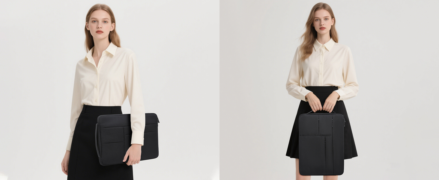 Zwei Ansichten einer Frau, die ein cremefarbenes Hemd mit Knopfleiste und einen schwarzen Rock trägt. Auf einem Bild hält sie eine schwarze Clutch-Tasche
