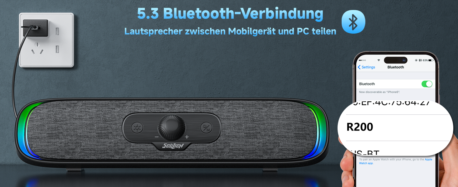 Schwarzer Bluetooth-Lautsprecher mit LED-Beleuchtung und Smartphone-App-Oberfläche abgebildet, mit Text „5.3 Bluetooth-Verbindung“ und Bildschirm zur Gerätekopplung.
