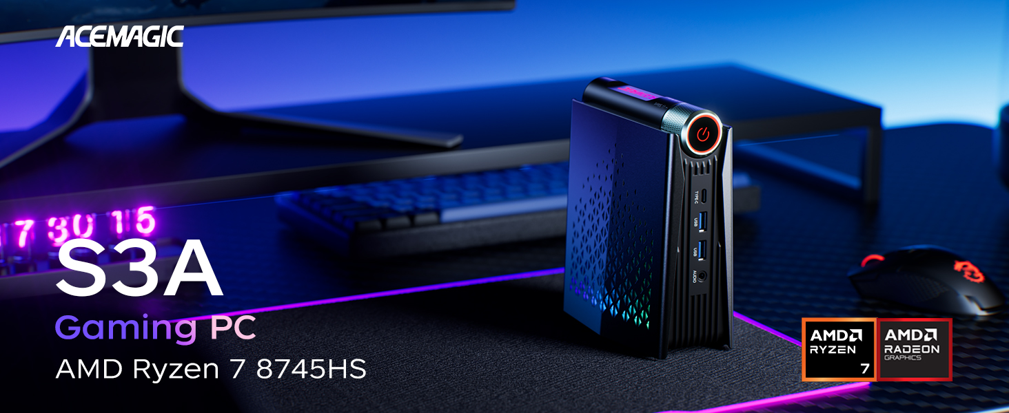 Der Text lautet „S3A Gaming PC“. Das Produktbild zeigt einen Gaming-Computerturm mit blauen Lichteffekten vor dunklem Hintergrund.
