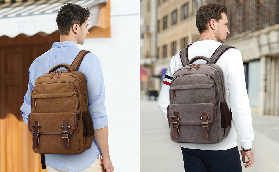 Zwei Ansichten eines Leinenrucksacks: Braun auf Mann mit blauem Hemd, Grau auf Mann mit weißem Hemd. Mehrere Taschen und Lederriemen sind sichtbar.