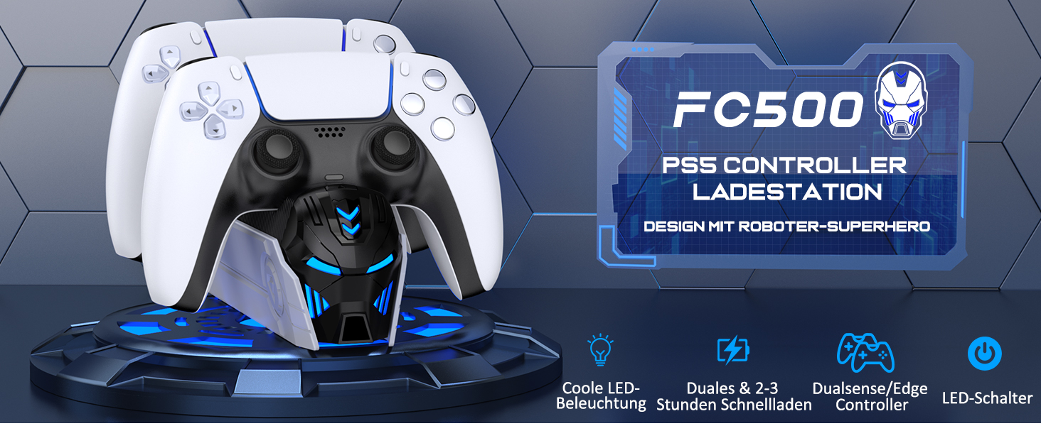 PS5-Controller-Ladestation FC500 mit blauer LED-Beleuchtung und Dual-Controller-Unterstützung, Ladeanzeigen und modernem Design