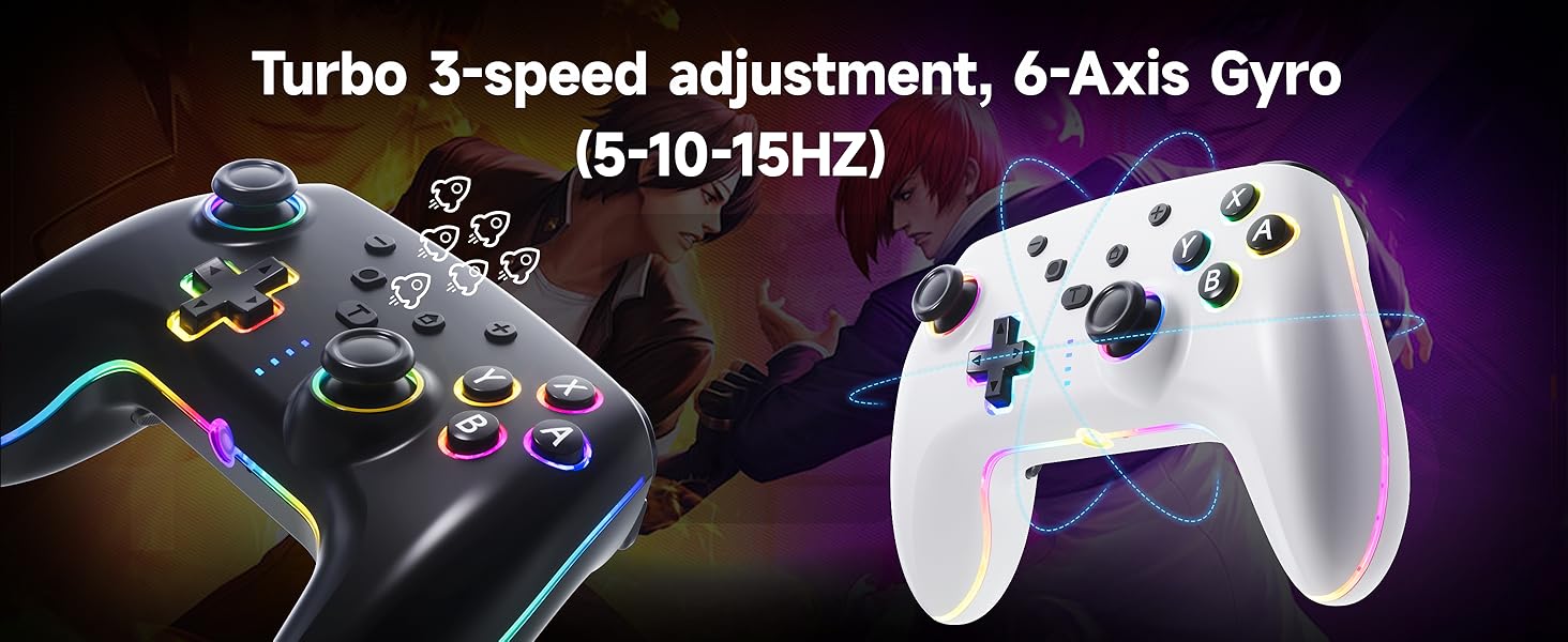 Zwei Gaming-Controller, einer schwarz und einer weiß, mit der Aufschrift „Turbo 3-Gang-Einstellung, 6-Achsen-Gyro (