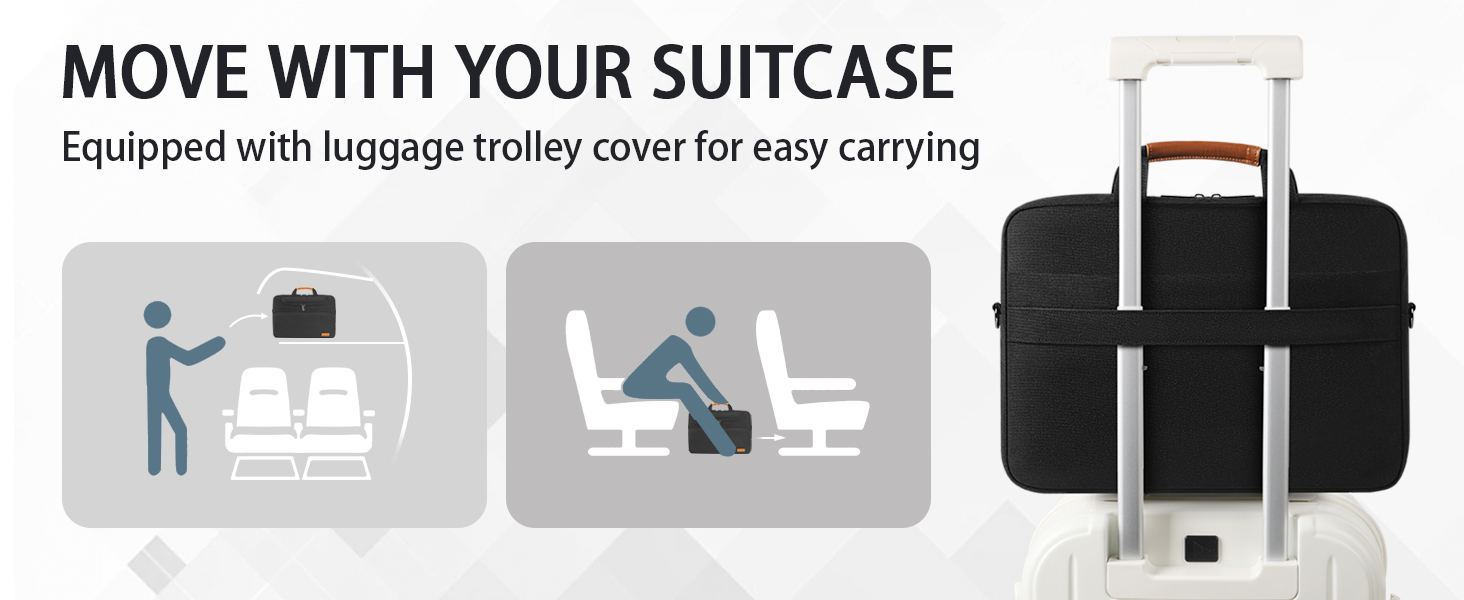 Der Text lautet: „MOVE WITH YOUR SUITCASE. Ausgestattet mit einer Gepäckwagenabdeckung für einfaches Tragen.“ Das Diagramm zeigt Anweisungen zur Befestigung des Koffers.