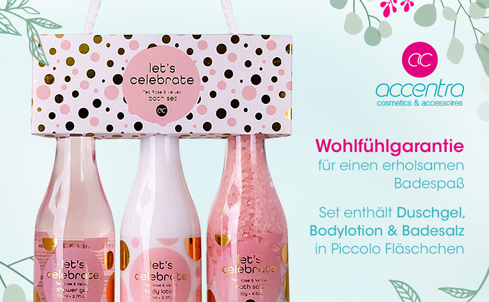 Geschenkset Frauen Plastik Sekt-Fläschchen Badeset Duschset Duschgel Bodylotion Badesalz