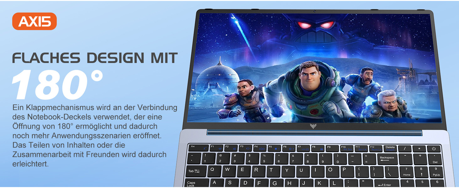 Laptop mit um 180 Grad zusammenklappbarem Design, auf dem animierte Raumzeichen auf dem Bildschirm angezeigt werden. Die Tastatur ist unter dem Bildschirm sichtbar. Der deutsche Text beschreibt das flache Design und die 180-Grad-Öffnungsfähigkeit