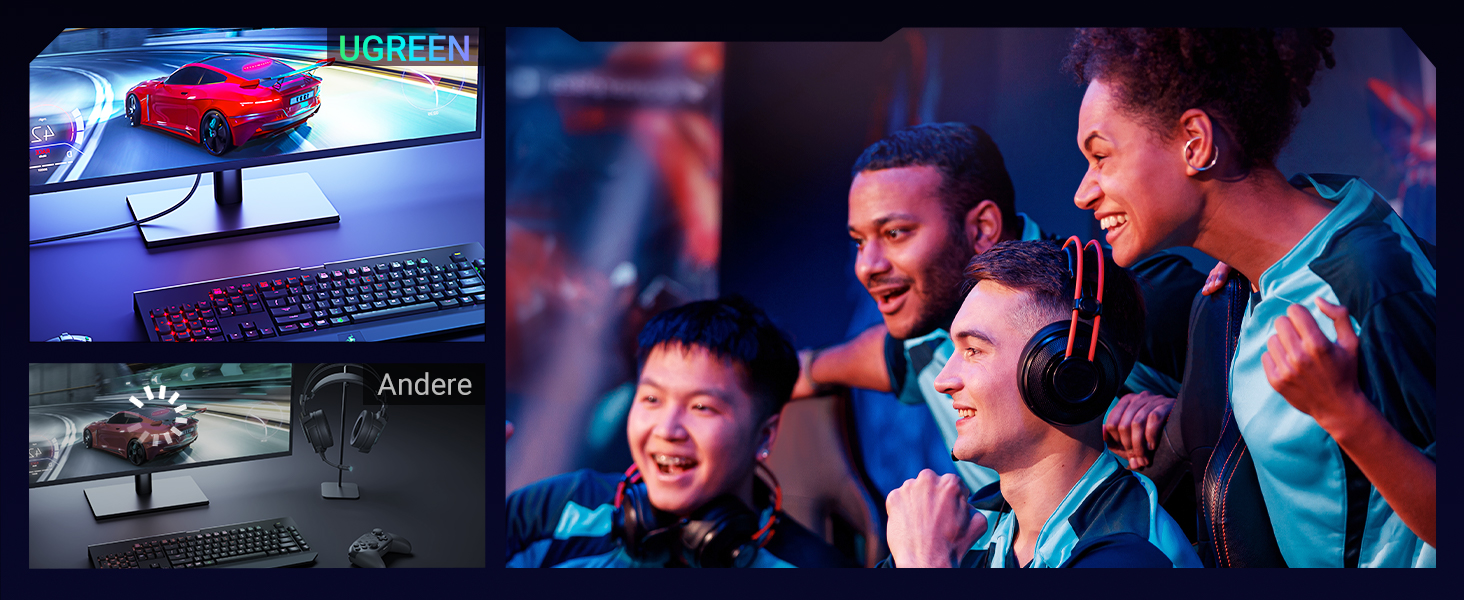 Geteiltes Bild: Links zeigt das Gaming-Setup mit rotem Auto auf dem Bildschirm. Rechts ist eine Gruppe von Personen zu sehen, die begeistert reagieren, möglicherweise auf ein Spiel oder ein Ereignis
