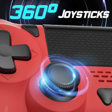 ein roter Joystick-Controller mit einem schwarzen Controller und einem Bluetooth-Controller