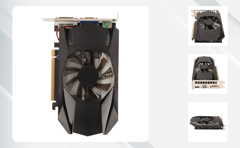 Computergrafikkarte aus mehreren Blickwinkeln mit schwarzem Kunststoffgehäuse und sichtbarem Lüfter. Die Produktbilder zeigen Vorder-, Seiten- und Schrägansichten der GPU-Komponente.