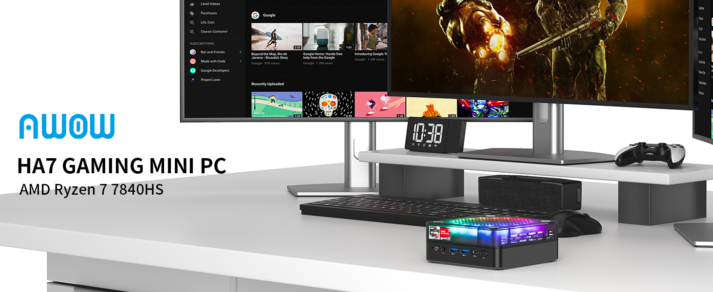 AWOW HA7 Gaming-Mini-PC mit AMD Ryzen 7 7840HS-Prozessor, angezeigt auf einem Schreibtisch mit gebogenem Monitor, Tastatur