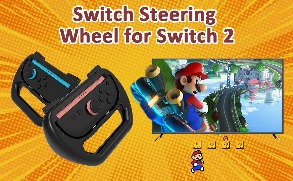Lenkradhalterung aus schwarzem Kunststoff für Nintendo Switch-Controller. Mit Griffen und Aussparungen für Knöpfe. Wird mit Mario Kart-Gameplay auf dem Fernsehbildschirm gezeigt