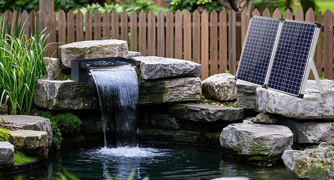 Solarbetriebene Wasserfallanlage in einem Gartenteich. Große graue Felsen bilden eine natürlich aussehende Kaskade. In der Nähe ist ein Solarpanel sichtbar. Wasser fließt in einen kleinen Pool, der von viel Grün umgeben ist