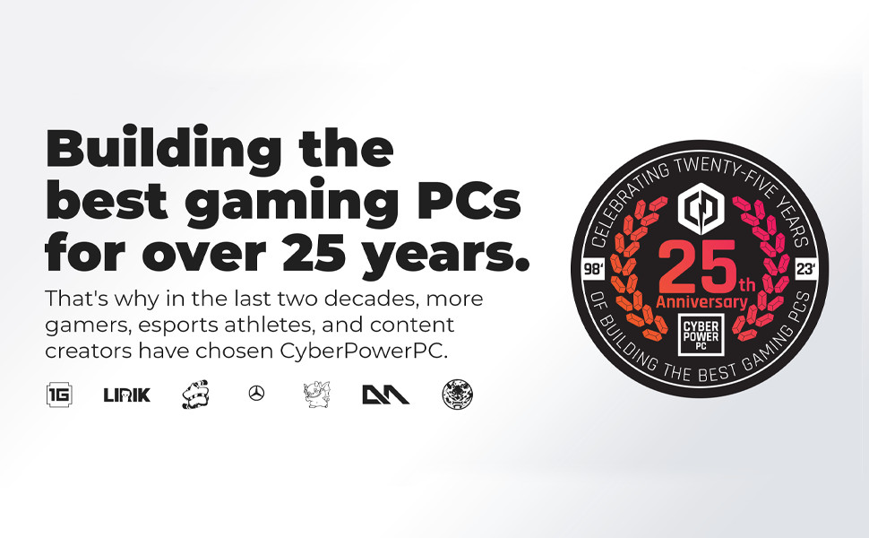 Werbebild zum 25-jährigen Jubiläum von CyberPowerPC mit fettem Text über das Erbe des Gaming-PCs und rundem Jubiläumsemblem mit