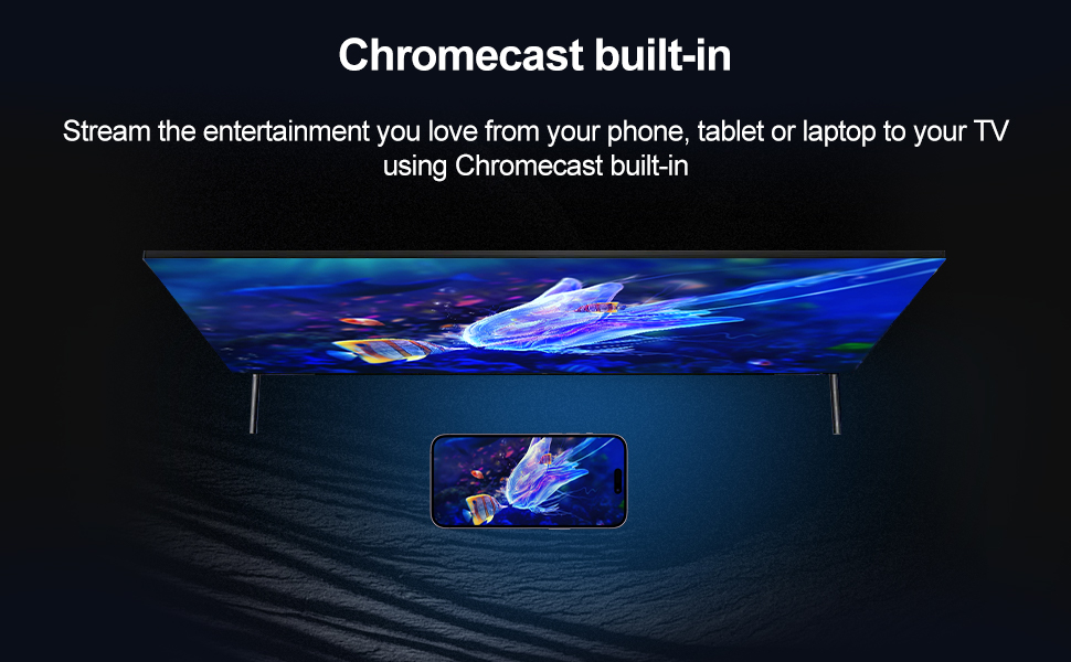 Fernsehdisplay mit integrierter Chromecast-Funktionalität, das Streaming-Funktionen von Mobilgeräten auf den Fernsehbildschirm mit blauen Visualisierungsgrafiken anzeigt.