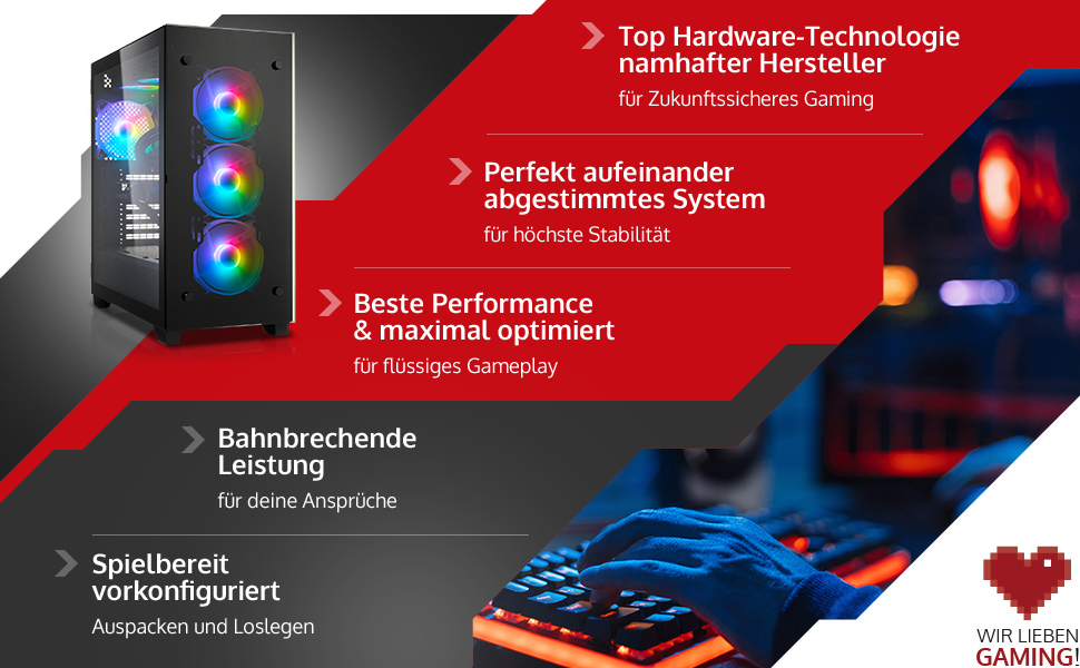 Gaming-PC-Tower mit RGB-Beleuchtung sowie einer Tastatur mit roter Hintergrundbeleuchtung. Der Text hebt Funktionen wie erstklassige Hardwaretechnologie, optimierte Leistung und vorkonfiguriertes Gaming-Setup