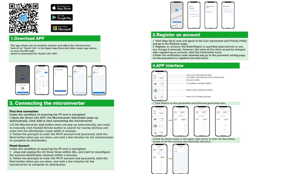 Installationsanleitung für mobile Apps mit QR-Code, App Store-Schaltflächen und schrittweisen Anleitungen zur Einrichtung und Kontoerstellung auf Smartphone-Bildschirmen.