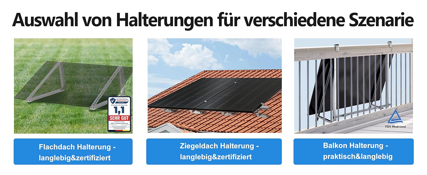 Der Text lautet 'Auswahl von Halterungen für verschiedene Szenarie'. Drei Installationsszenarien mit Montagemöglichkeiten im Freien: Stadion-, Dach- und Fensterinstallationen.