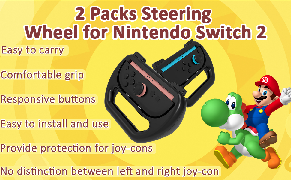 Zwei schwarze Lenkradbefestigungen für Nintendo Switch Joy-Con-Controller. Zu den Funktionen gehören ein komfortabler Griff, reaktionsschnelle Tasten, einfache Installation und Schutz für