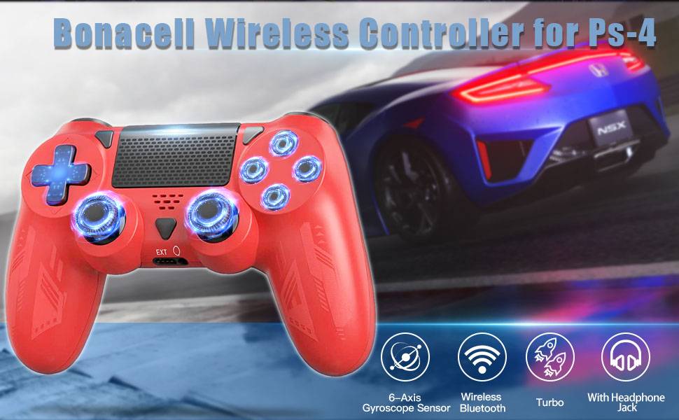 Roter kabelloser Gaming-Controller für PS4 mit blauen LED-Akzenten, Standardtastenlayout und zwei Analogsticks.