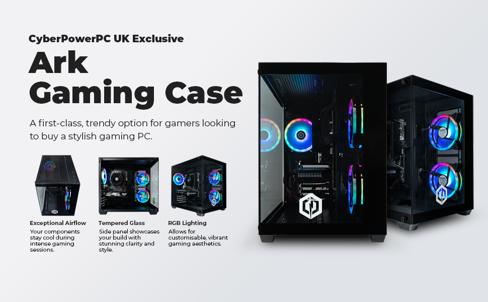 CyberPowerPC Ark Gaming Case mit RGB-Beleuchtung, gehärteten Glasscheiben und mehreren Ansichten des eleganten schwarzen Computergehäusedesigns