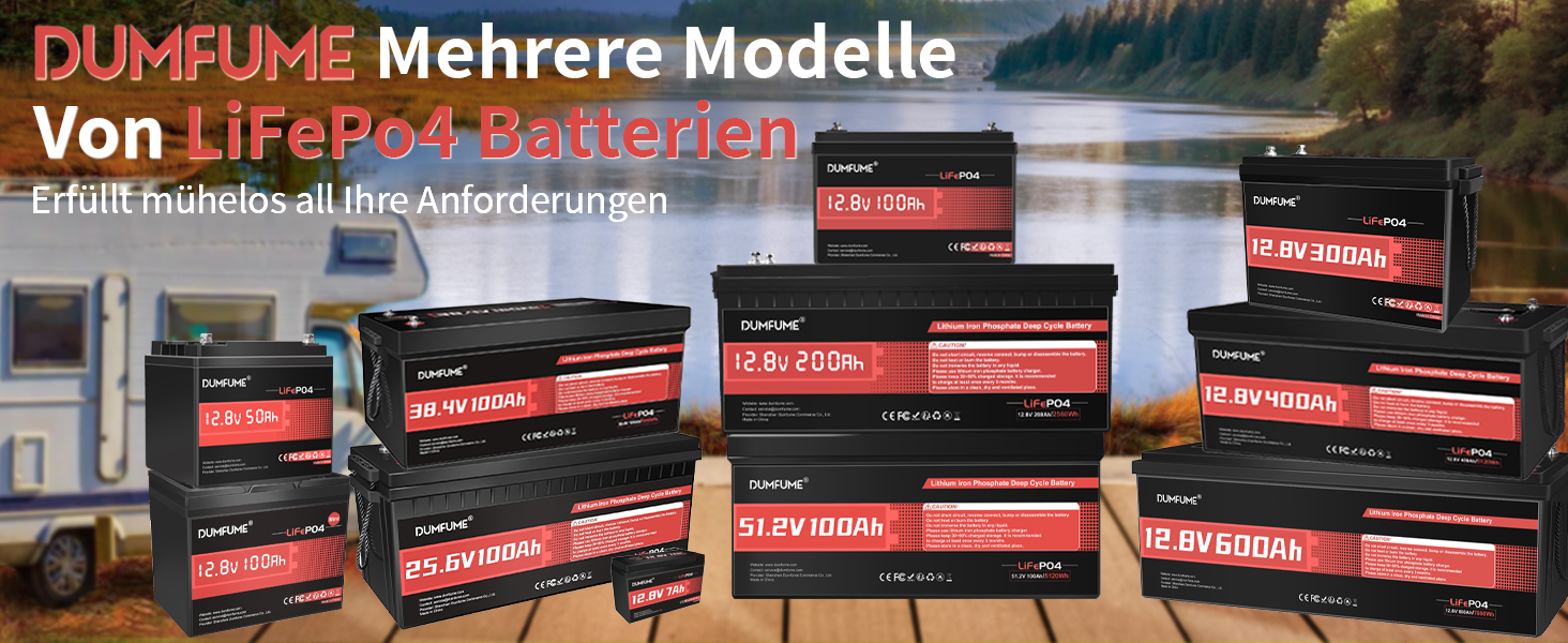 Der Text lautet „DUMPUME Mehrere Modelle Von LIFEBATT Batterian“. Mehrere schwarze und rote Produktboxen, die in Reihen auf der Ausstellungsfläche angeordnet sind.