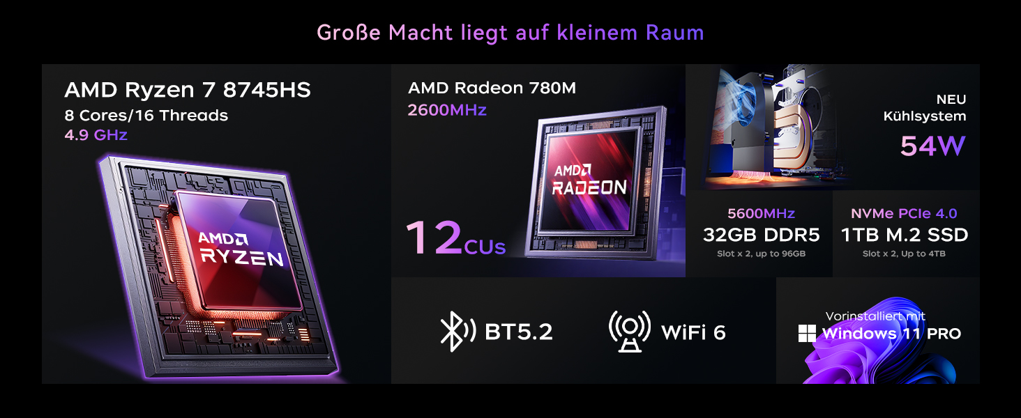 Der Text enthält 'AMD Ryzen 7' und technische Spezifikationen. Werbebilder für Computerhardware mit Prozessorspezifikationen und Leistungskennzahlen mit violetten Lichteffekten.