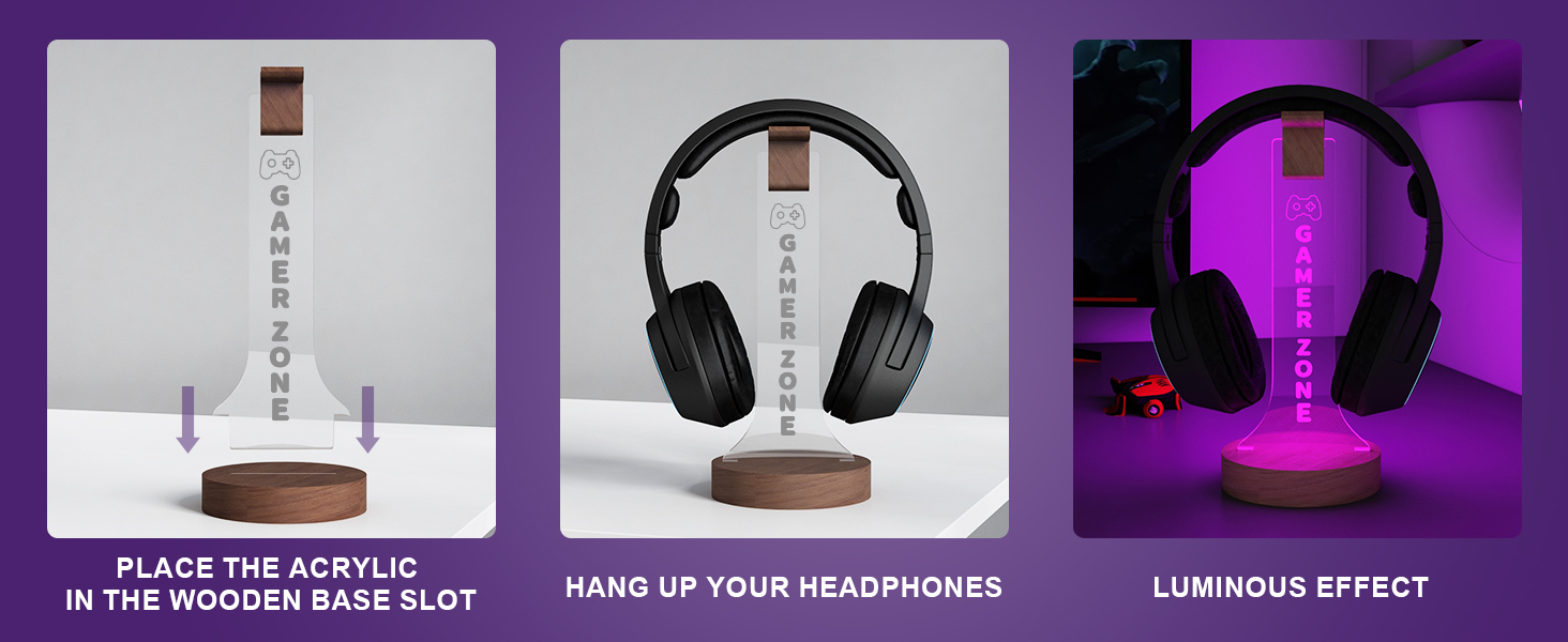 ein Headset mit einem Holzsockel und einem Holzsockel.
