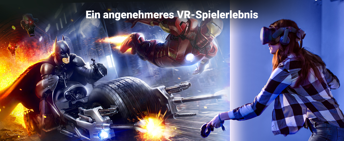 VR-Gaming-Szene mit einer Person, die ein Headset trägt. Explosive Action mit futuristischen Charakteren und Fahrzeugen im Hintergrund