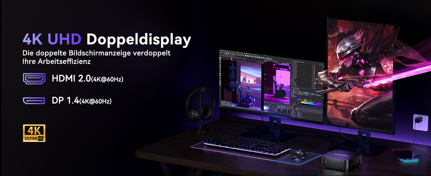 4K-UHD-Dual-Display-Setup mit lebendigen Stadtszenen. Der Text weist auf HDMI 2.0-Konnektivität und DP 1.4-Unterstützung hin und deutet auf einen High-End-Monitor oder ein TV-Produkt