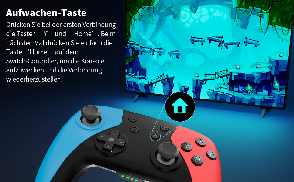 Gamecontroller mit roten und blauen Seiten, beleuchteter Home-Button. Der Fernsehbildschirm zeigt eine Unterwasserszene mit Fischsilhouetten. Der deutsche Text erklärt die Weckfunktion des Controllers