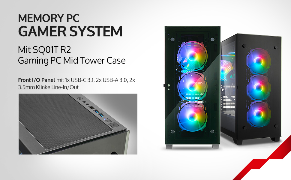Midi-Tower-Gehäuse für Gaming-PCs mit RGB-Lüftern, die durch eine gehärtete Glasscheibe sichtbar sind. Das vordere I/O-Panel verfügt über USB- und Audioanschlüsse. Produktname: Mit 500IT R2