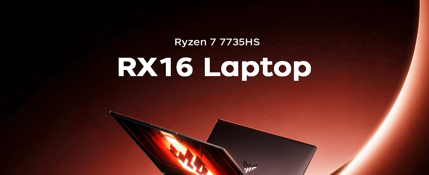 Der Text lautet „Ryzen 7 7736HS RX16 Laptop“. Marketingbild, das eine elegante Laptop-Silhouette vor einem dunkelroten Hintergrund mit Farbverlauf und leuchtendem Effekt zeigt.
