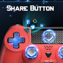 Nahaufnahme eines roten Gamecontrollers mit einem markanten blauen „Share-Button“ und anderen farbigen Tasten, die vor einem dunklen Hintergrund sichtbar sind