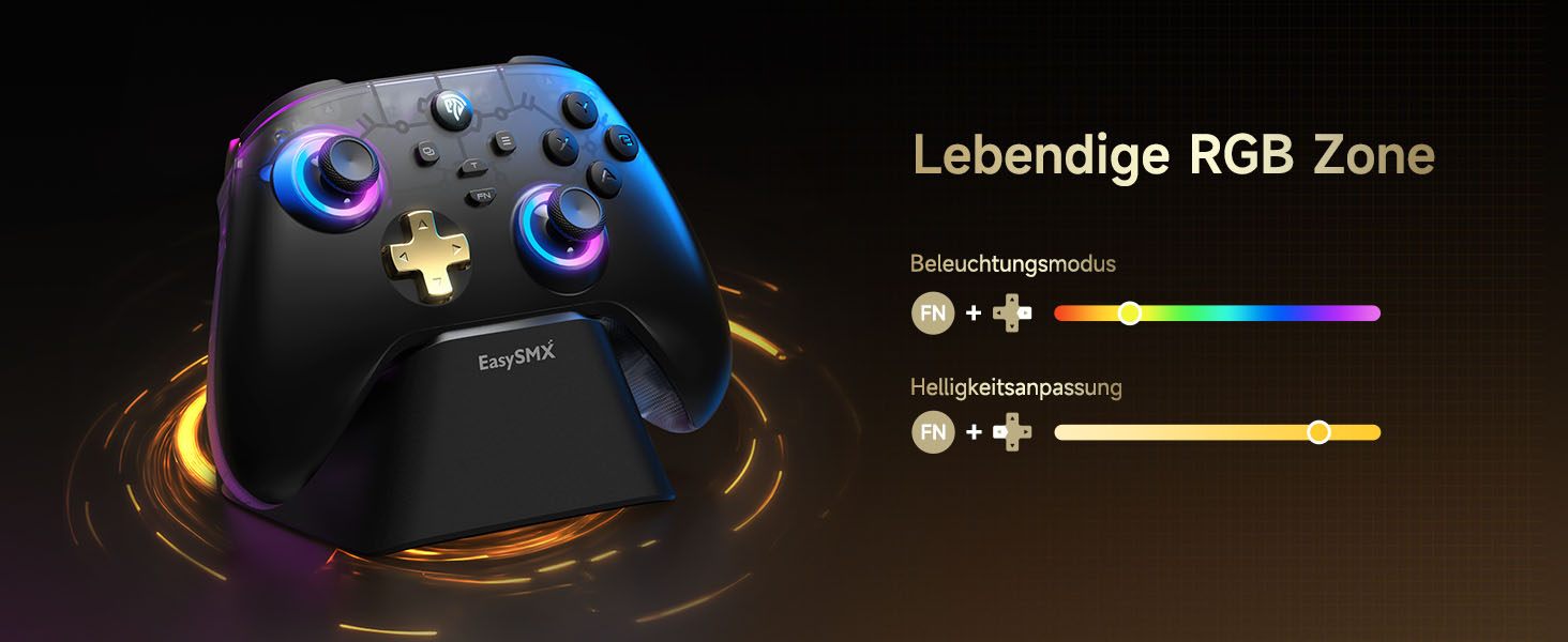 Gaming-Controller mit hervorgehobenen RGB-Beleuchtungszonen und anpassbaren Farboptionen mit Schiebereglern zur Helligkeitsanpassung in der Benutzeroberfläche