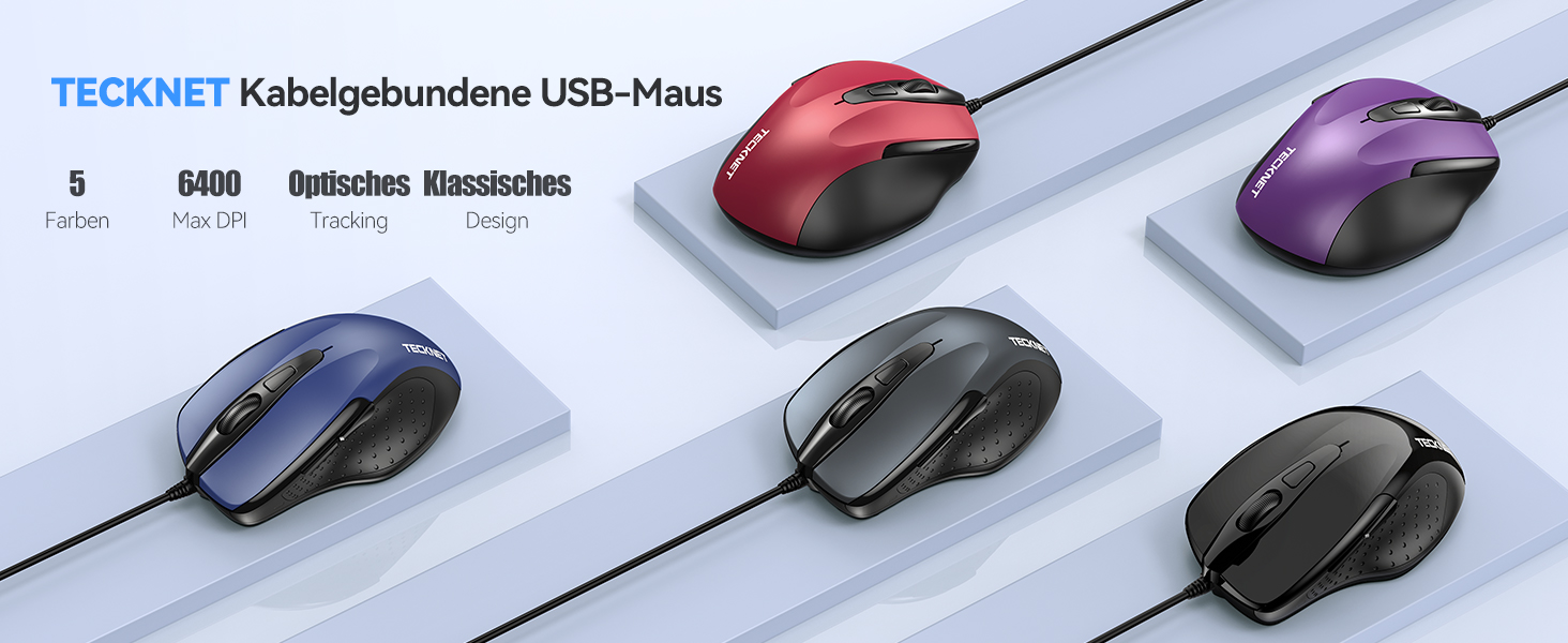Kabelgebundene USB-Mäuse von TeckNet werden in verschiedenen Farben angezeigt, darunter blau, schwarz, rot und lila, und sind auf abgewinkelten Plattformen angeordnet