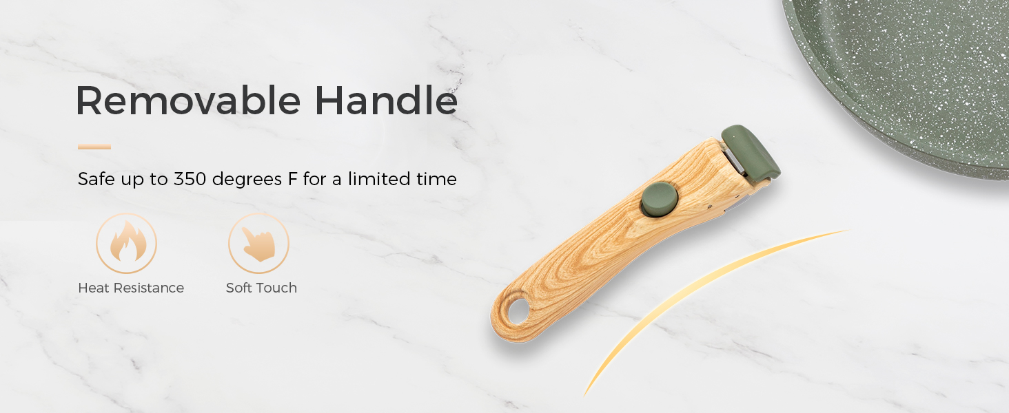 Produktbild eines abnehmbaren Holzgriffs mit natürlichem Maserungsmuster auf weißem Hintergrund mit Hitze- und Soft-Touch-Indikatorsymbolen.