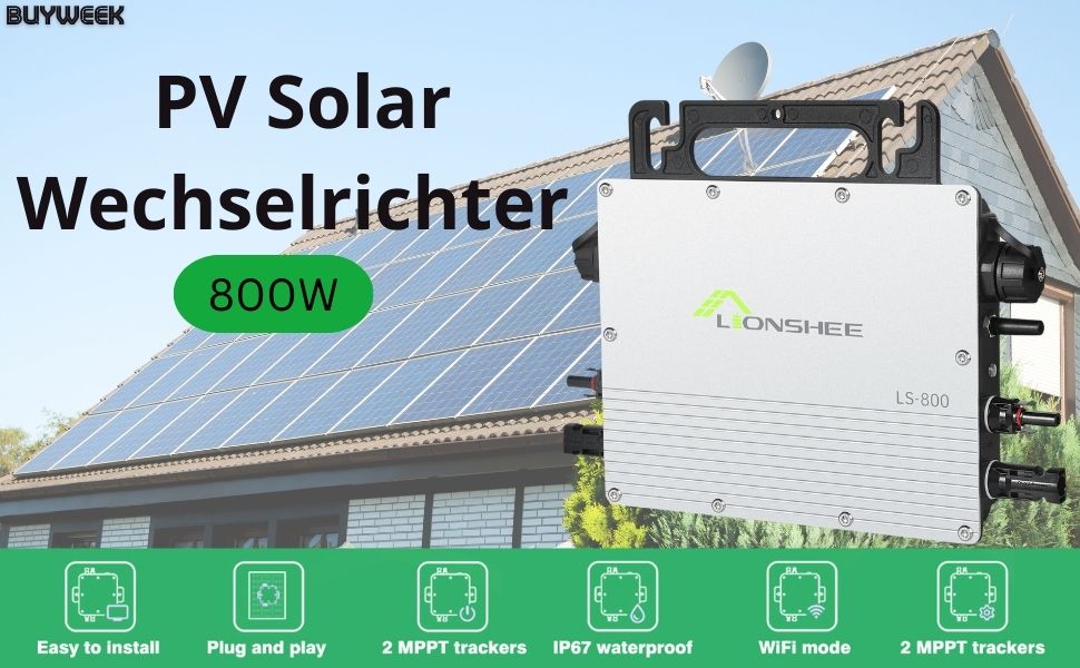 800-W-PV-Solarwechselrichter, an der Außenwand montiert, mit sichtbaren Sonnenkollektoren im Hintergrund. Verfügt über ein wetterfestes weißes Gehäuse und ein Plug-and-Play-Design