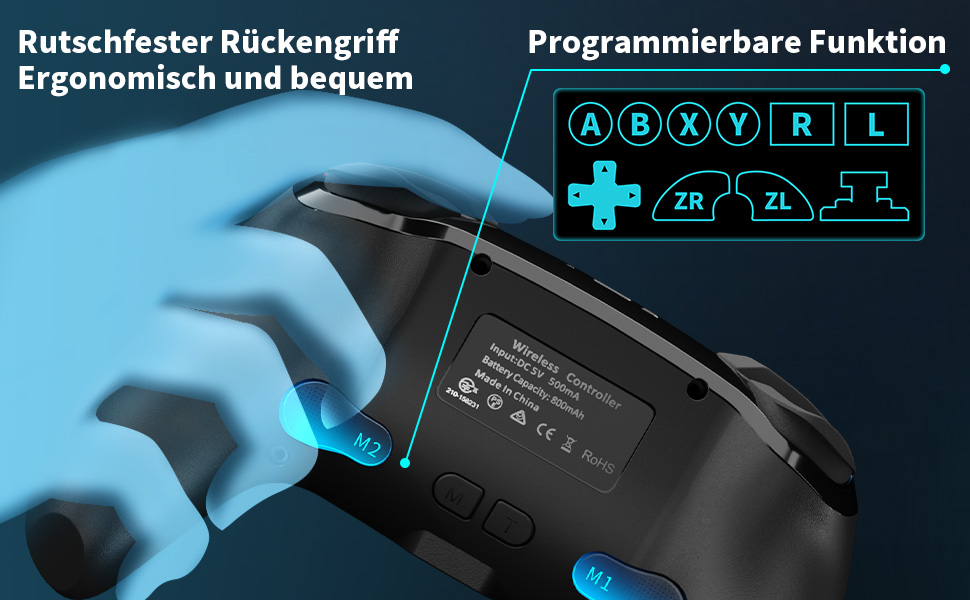 Gaming-Controller-Detail mit programmierbarer Tastenoberfläche und ergonomischer Grifffunktion mit deutschen Textbeschriftungen.
